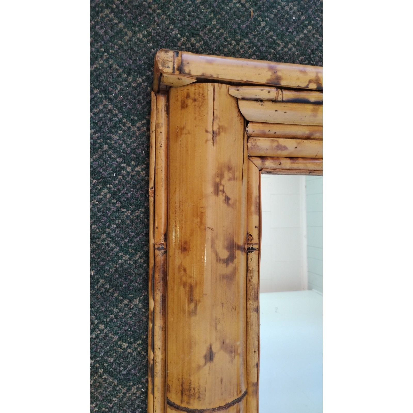Burnt Split Bamboo Wall Mirror Pediment Top Boho 32×25 Tiki 60s Unique Large