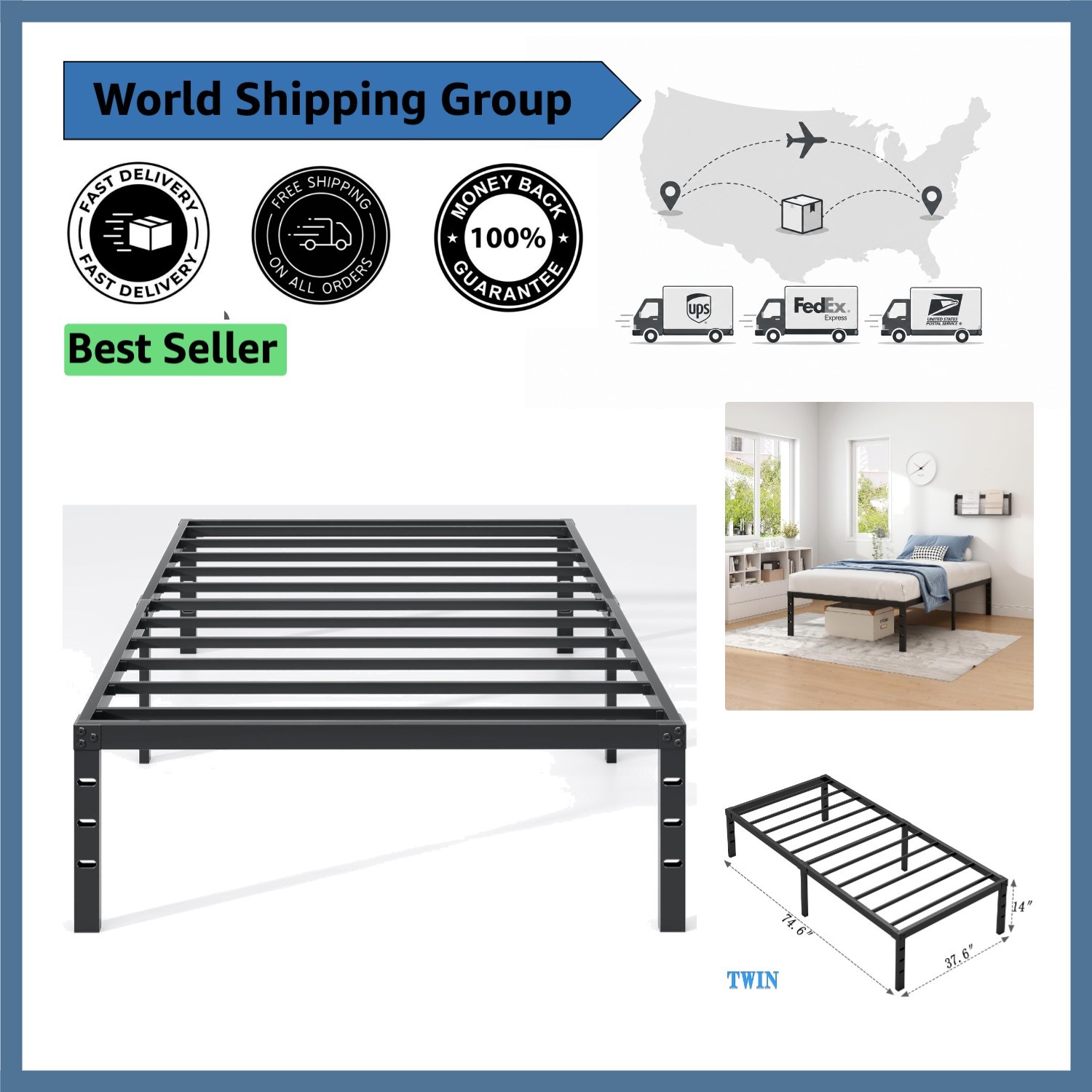 Contemporary Twin Metal Bed Frame with 660lbs Weight Capacity – Black Finish