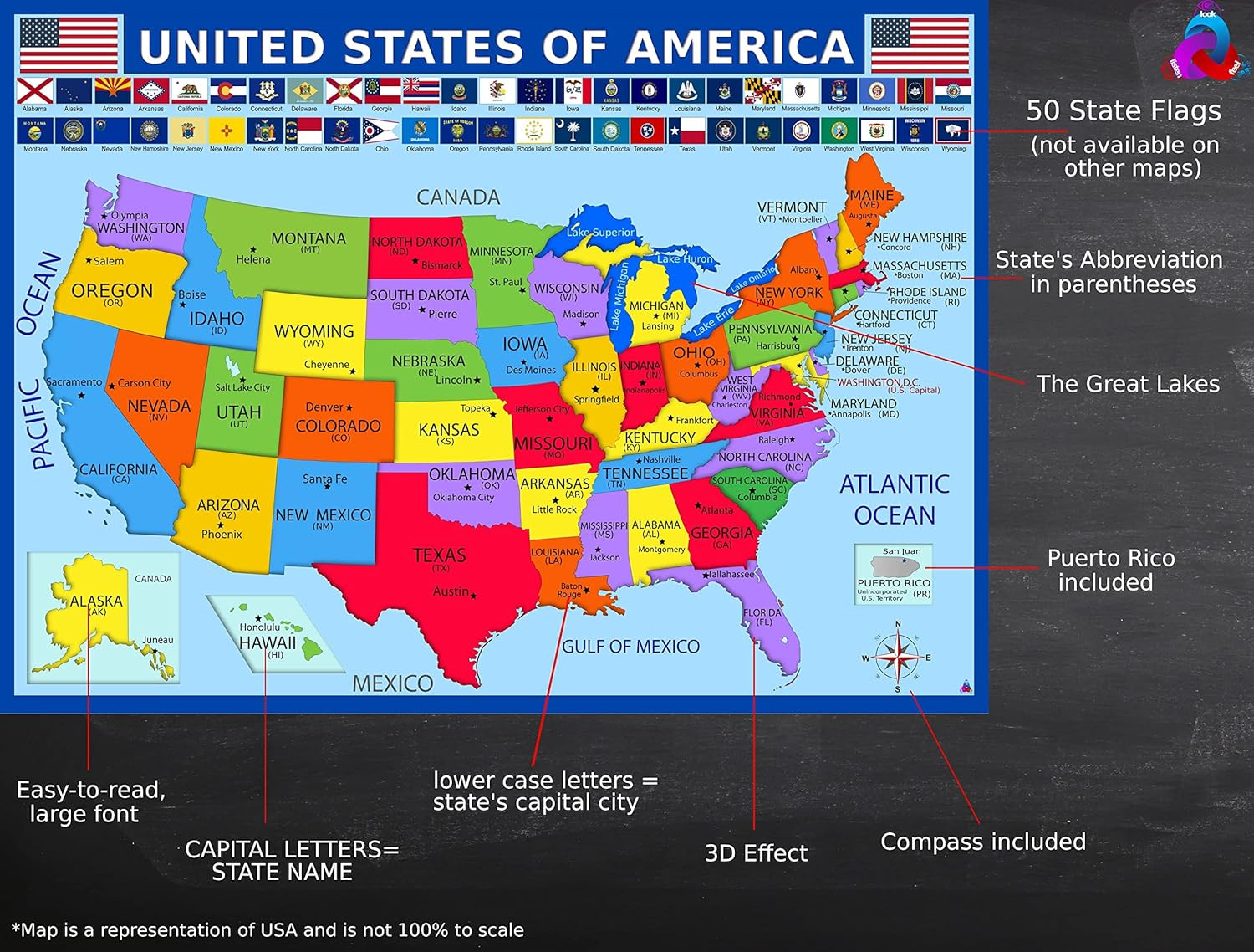 United States Map with State Flags Poster – Laminated 14X19.5 In. – Education…
