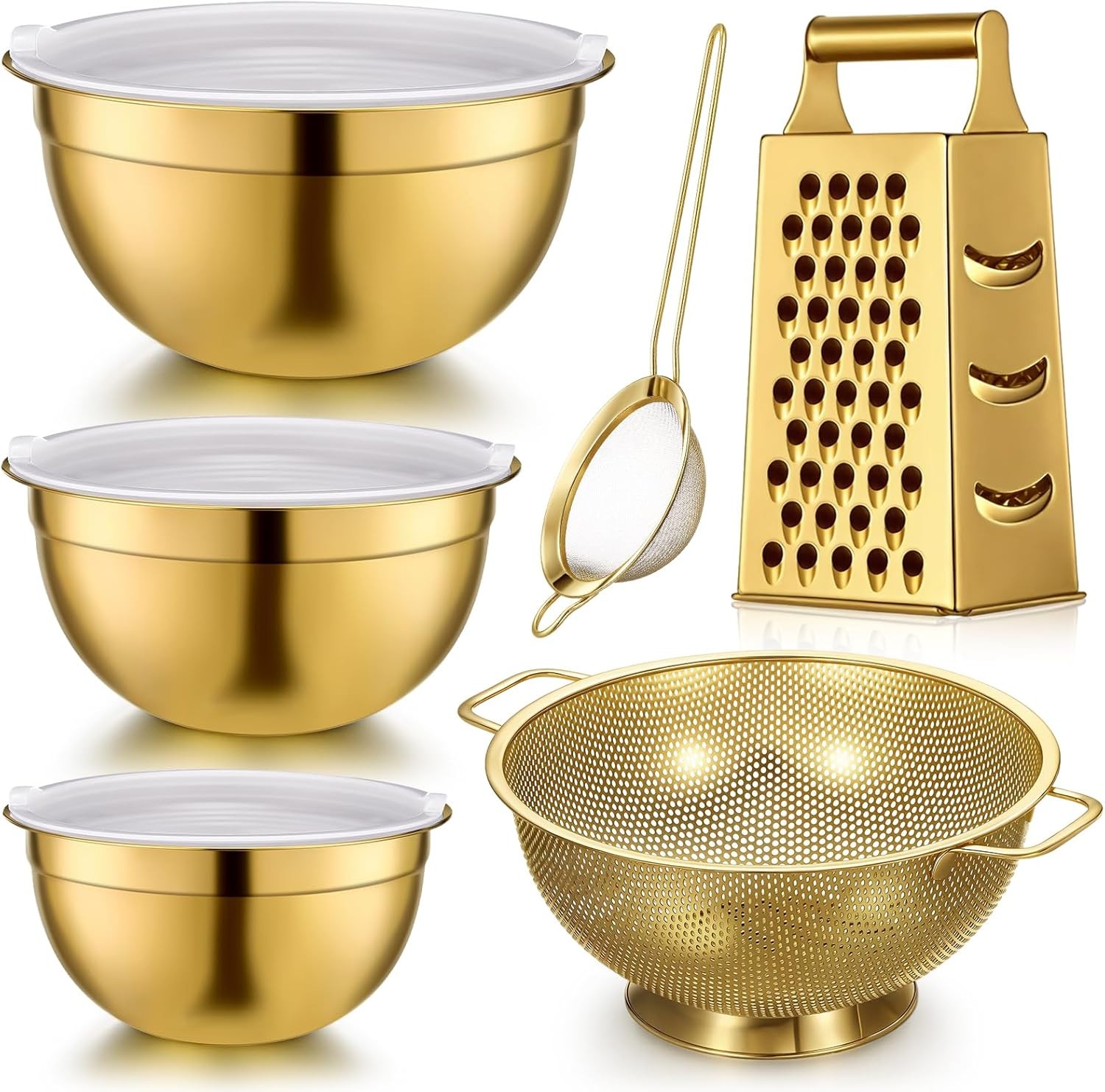 6 Pcs Gold Kitchen Accories Set Includes 3 Gold Mixing Bowls