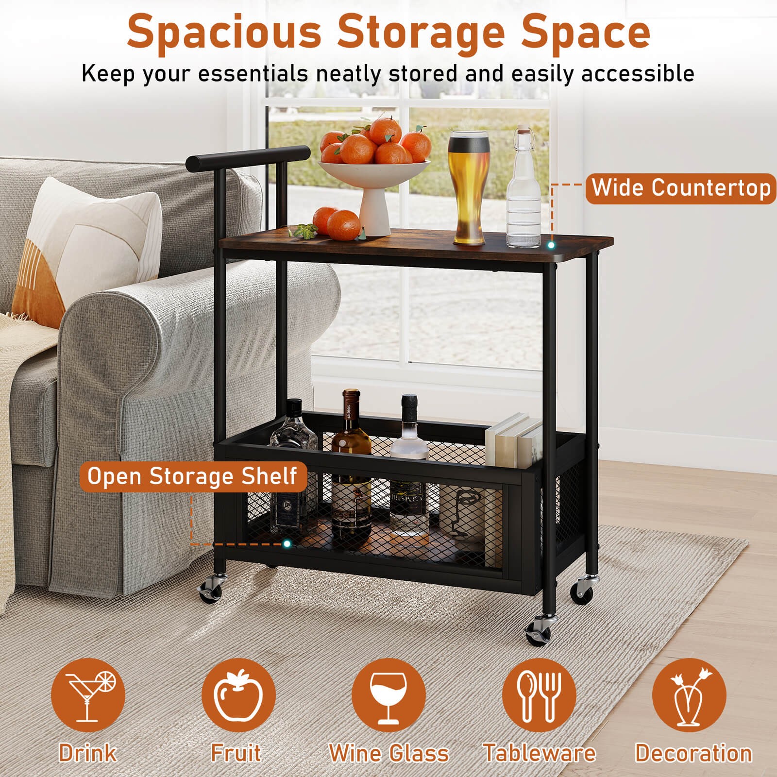 Rolling End Table w/Lockable Wheels Handle 2 Storage Shelves Industrial Bar Cart