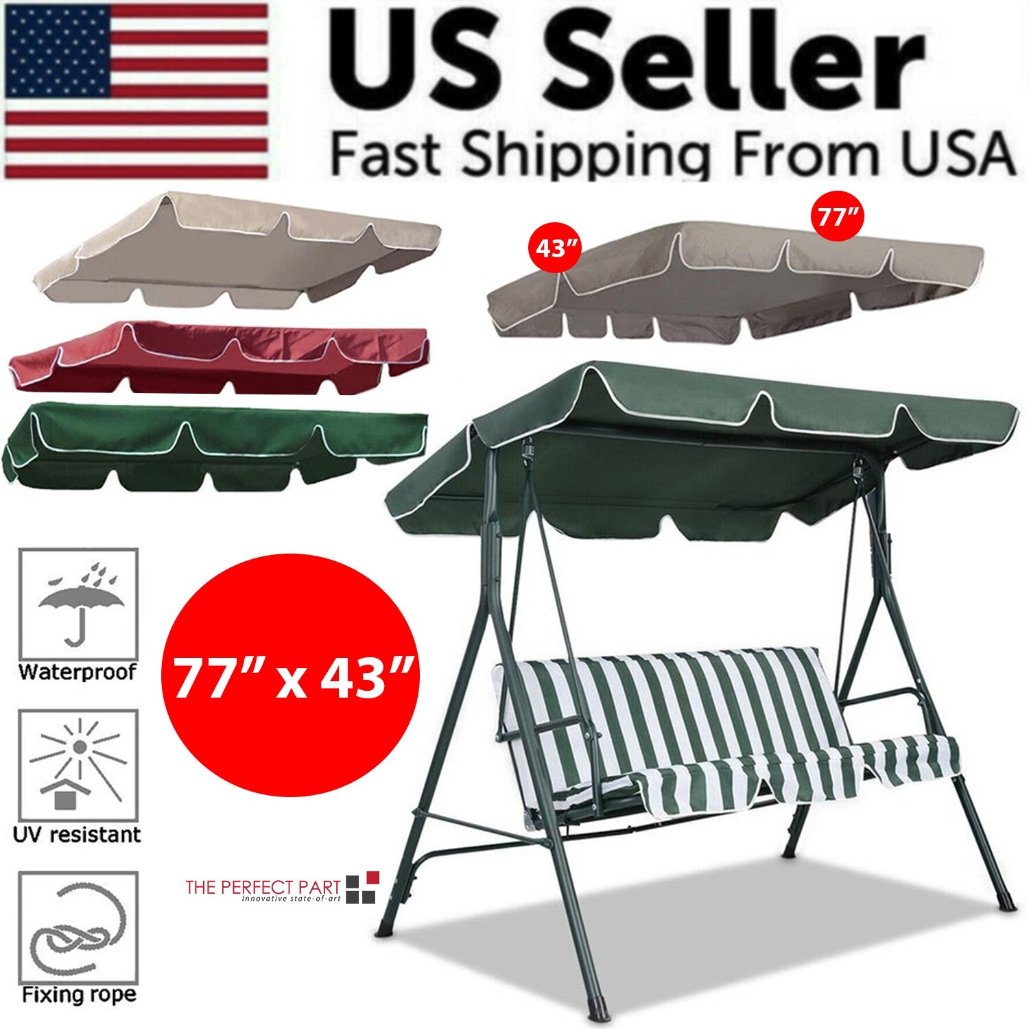 77″x43″ Patio Outdoor Garden Swing 300D Canopy Replacement Porch Top Cover Seat