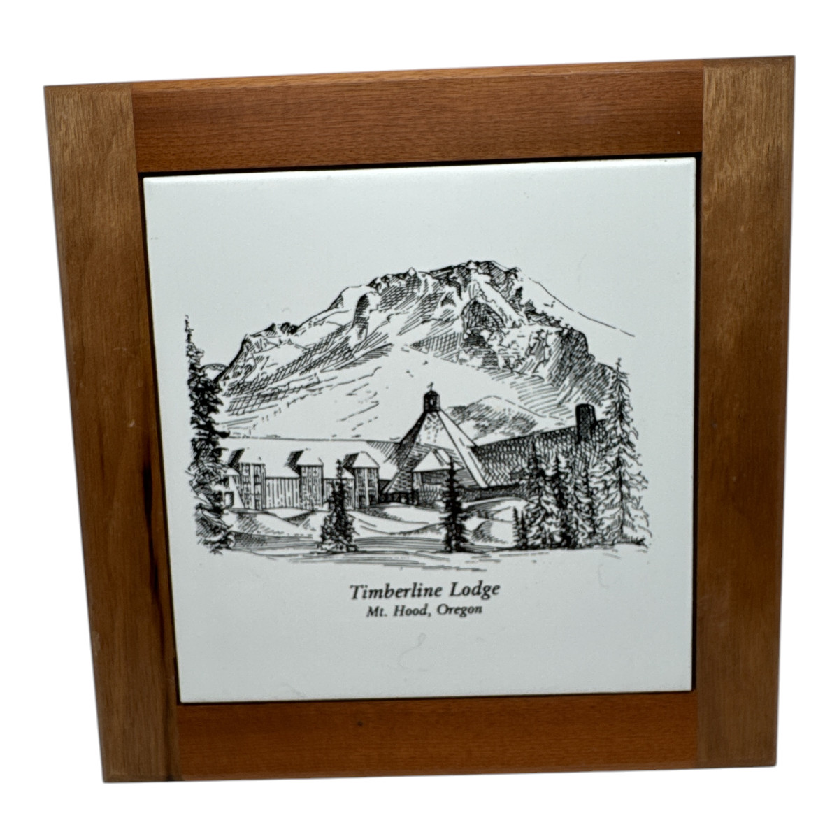 Vintage Timberline Lodge Mt. Hood Oregon Ceramic Tile Trivet 6″ Wood Frame