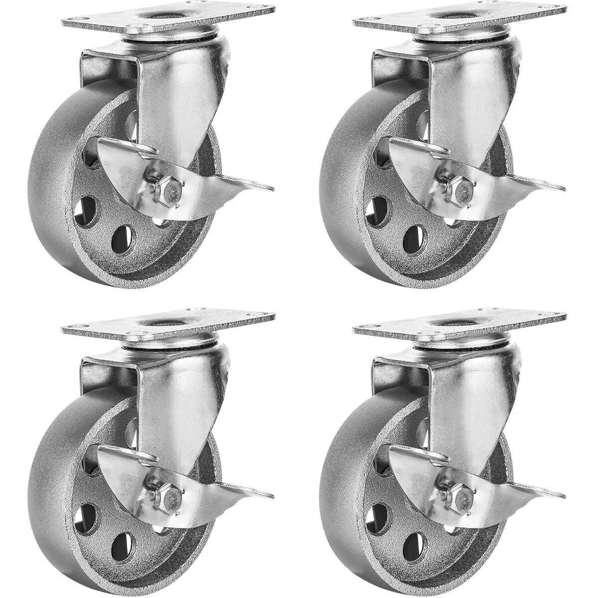 4 All Steel Swivel Plate Caster Wheels with Brake Lock Heavy Duty Gray 4″
