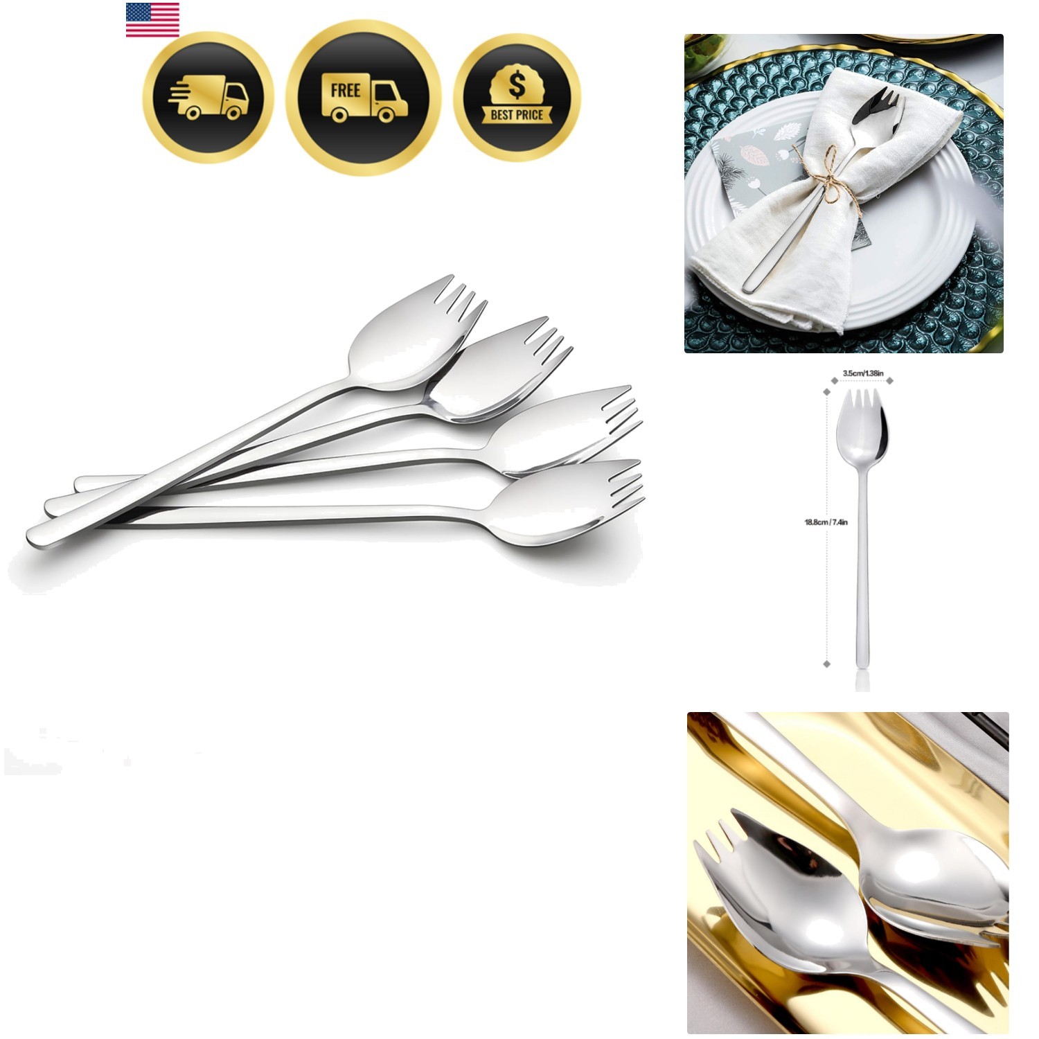 18/10 Stainless Steel Sporks 4 PCS 7.4-Inch Dishwasher Safe | Long Handle Spo…