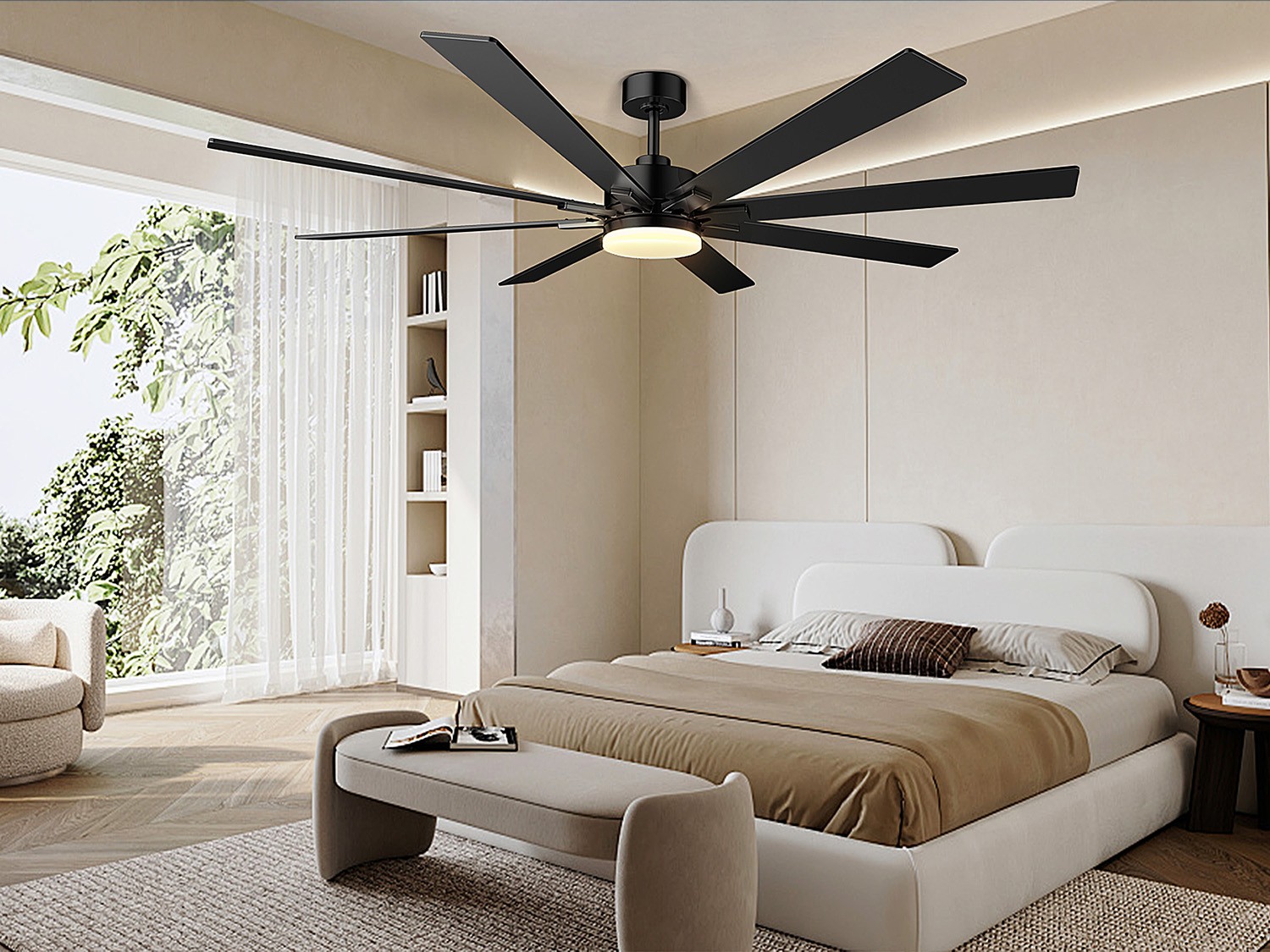 72” Flush Mount LED Ceiling Fan with Light & Remote 6+1 Speeds, 3CCT, Dimmable