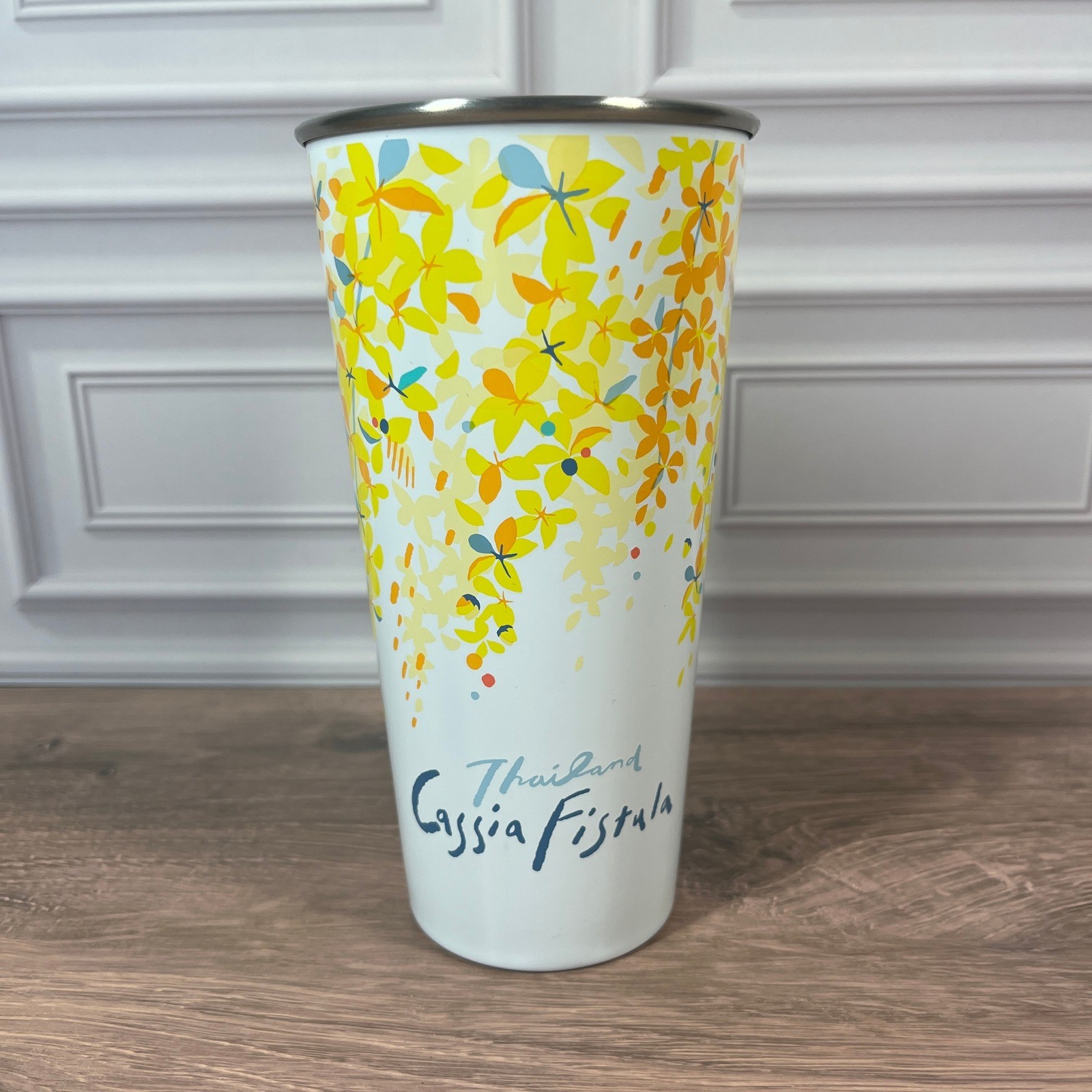 Starbucks Tumbler Thailand Cassia Fistula 16oz White Yellow Floral Stainless Mug