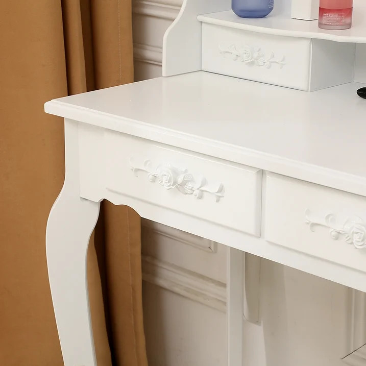 Makeup Dressing Table Set w/Stool 4 Drawer & Mirror Wood Desk Modern Furniture