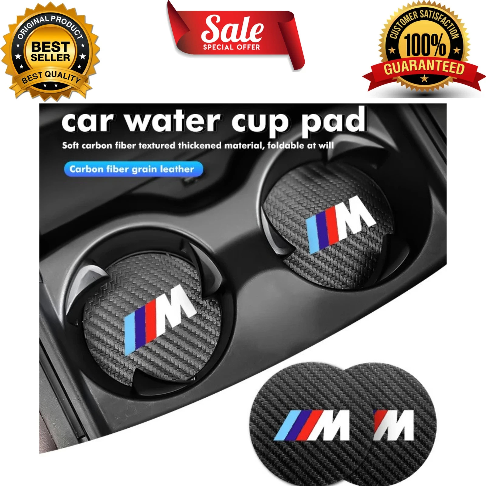 2PCS BMW Carbon Fiber Style Car Cup Holder Coasters Non-Slip Water Cup Slot Mats