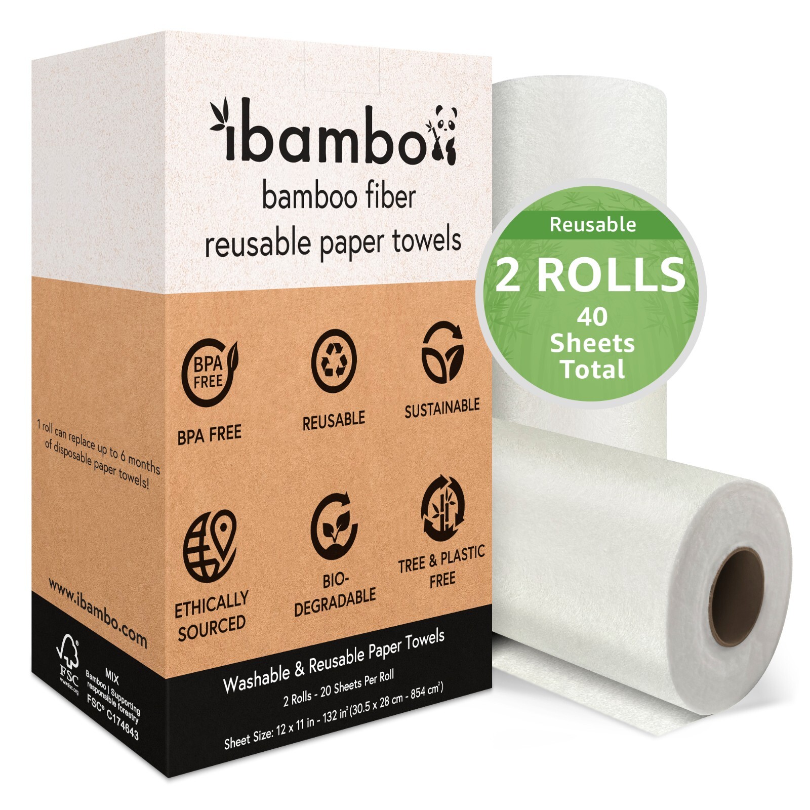Ibambo Reusable Bamboo Paper Towels – 2 Rolls, Ecofriendly, Washable, Durable
