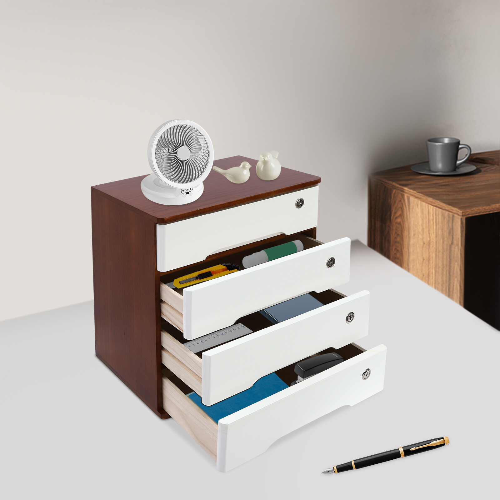 Wooden Desktop Storage Cabinet 15.75*11.02*15.94 in Desk Storage Box Lockable