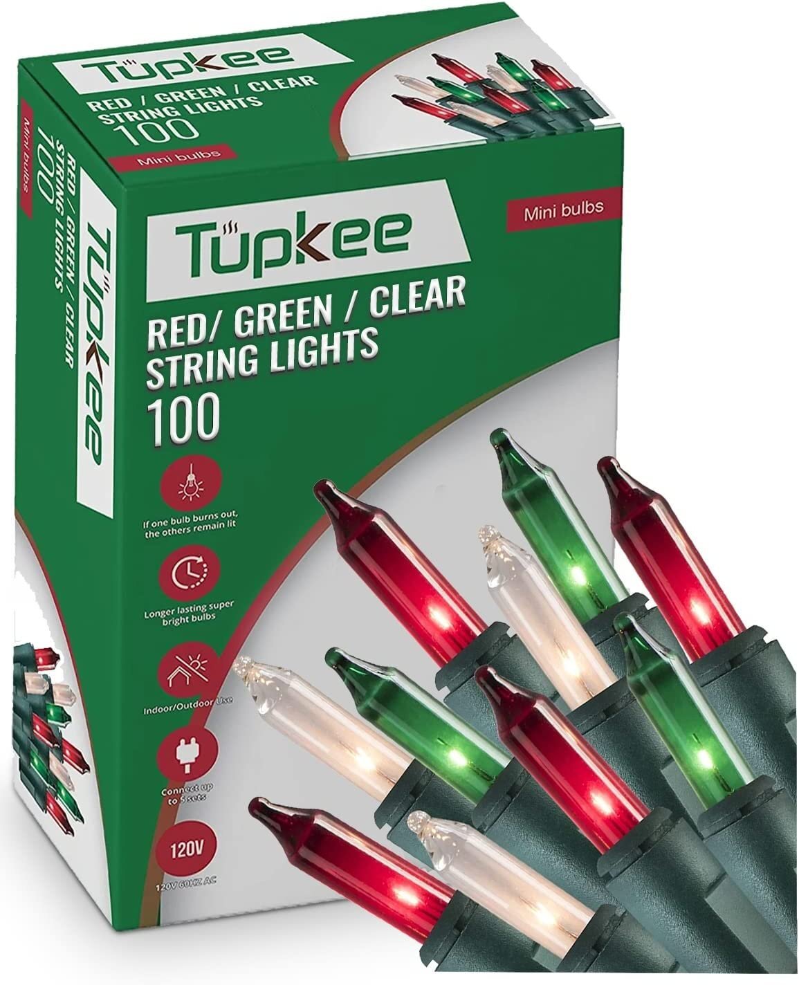 Tupkee Christmas String Lights 100 Count – Incandescent Mini Red, Green, and…
