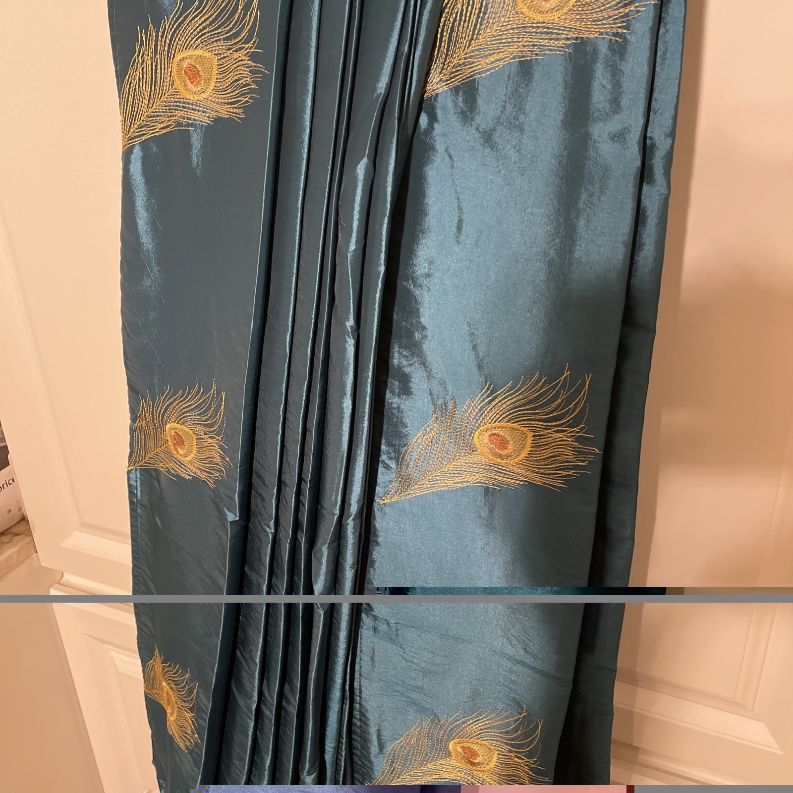 Pier 1 Teal Blue Peacock Feather Embroidered Satin Pair Curtains 54×84 Grommets