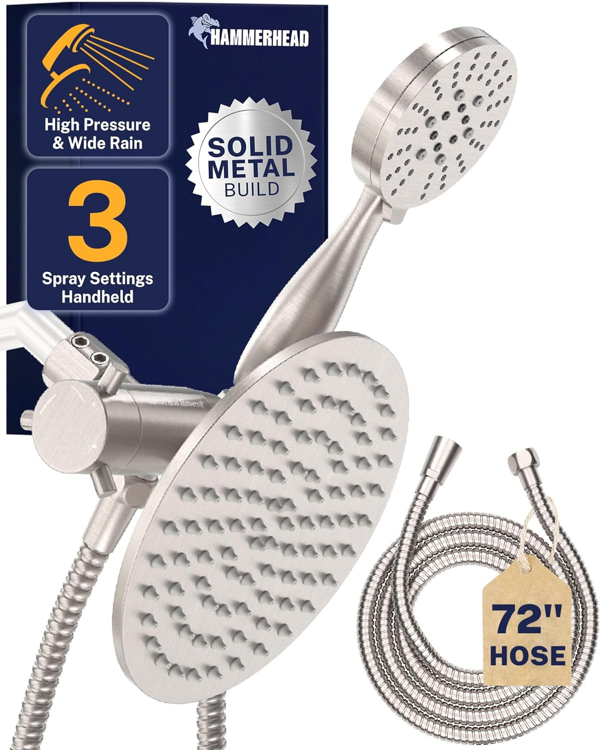 Dual Shower Head Combo, 8-Inch Rainfall & 3-Flow Handheld, Brushed Nickel, 2.5 G