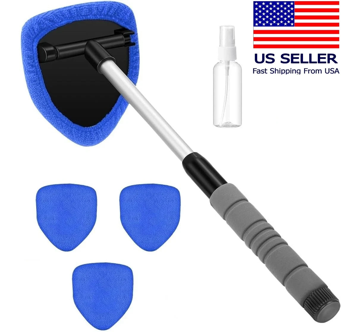 Car Window Cleaner Interior Windshield Cleaning Tool Glass Wiper Wand & 4 Cloths