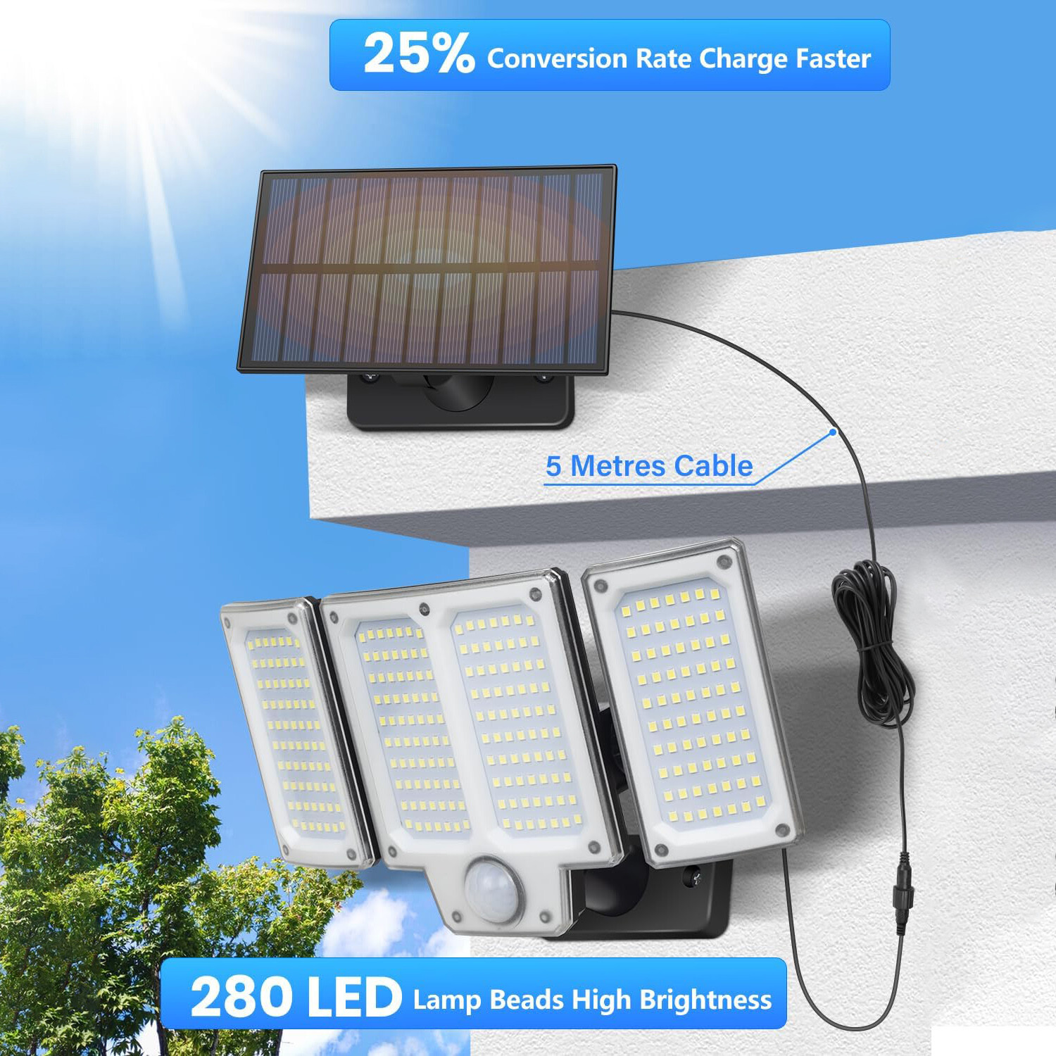 280 LED Solar Street Light Motion Sensor Outdoor Garden Wall Security Flood Lamp