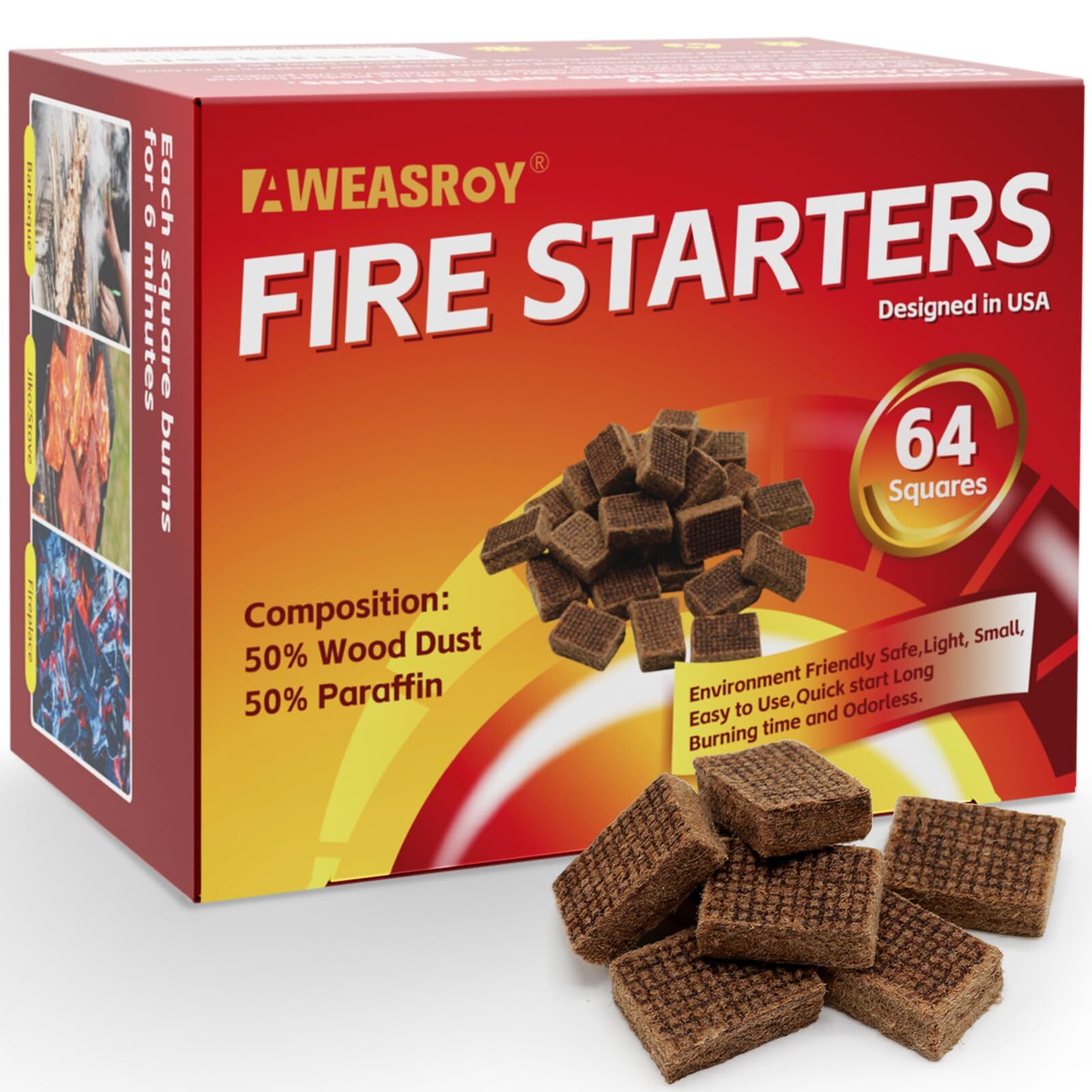 64 Fire Starter Squares – Odorless Water-Resistant Firelighters for Camping