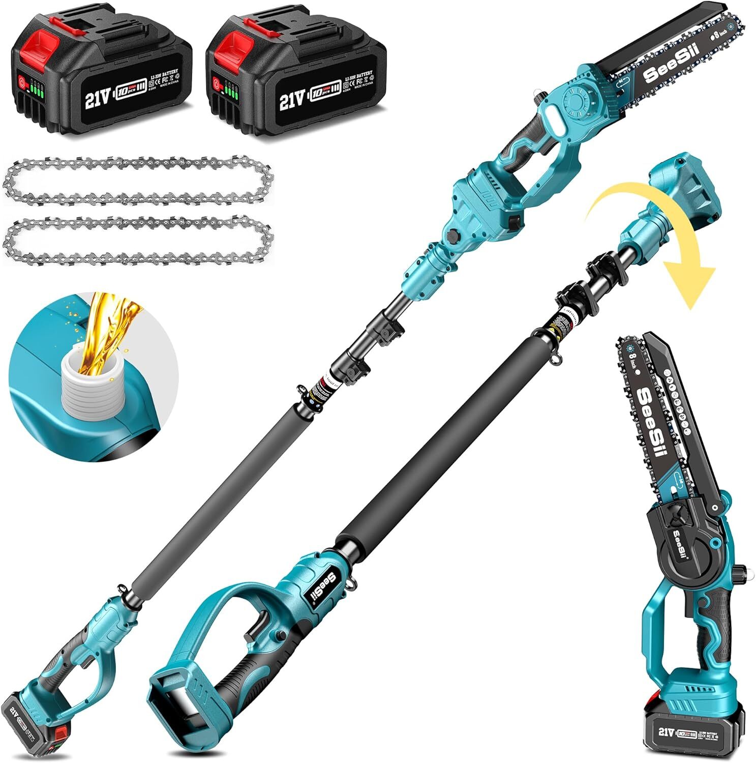 Seesii Cordless Pole Saw 8″ Mini Chainsaw 10ft Reach Pole Saw for Trimming 2×4.0
