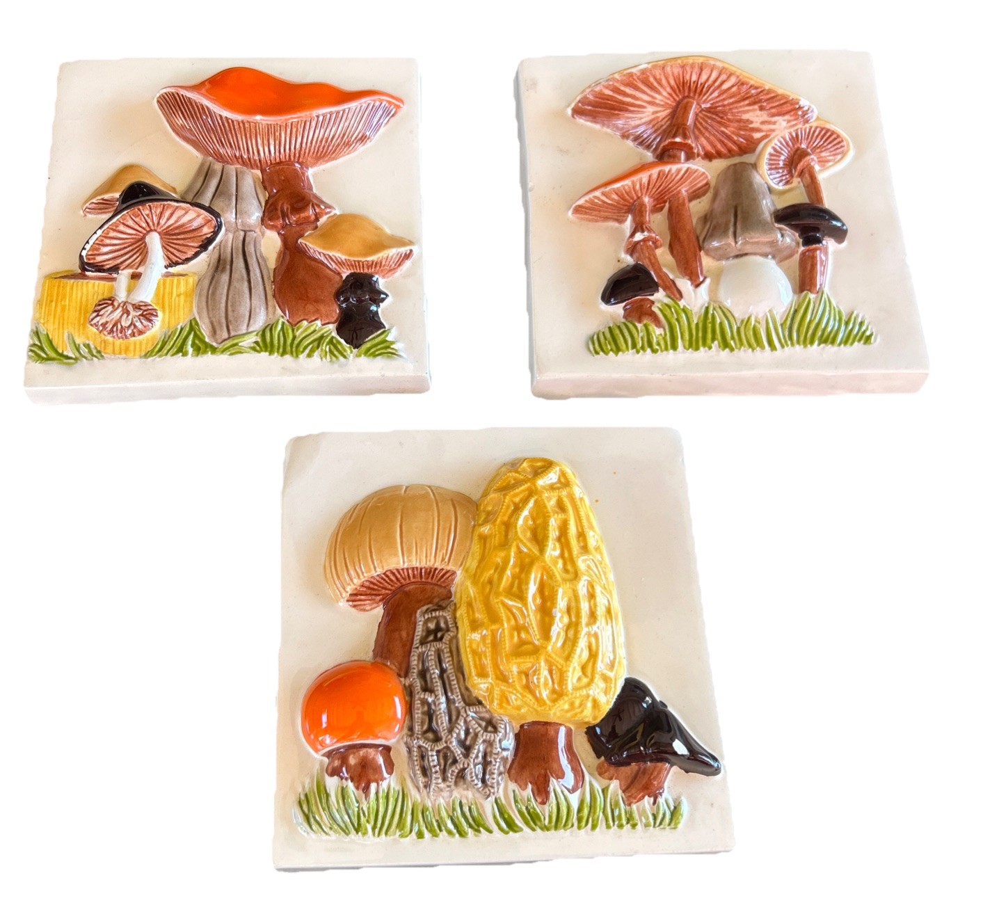 Vintage 1970s Lot of 3 Ceramic Wall Tiles Mushrooms 3 D Handmade 5″ Ivory/Brown