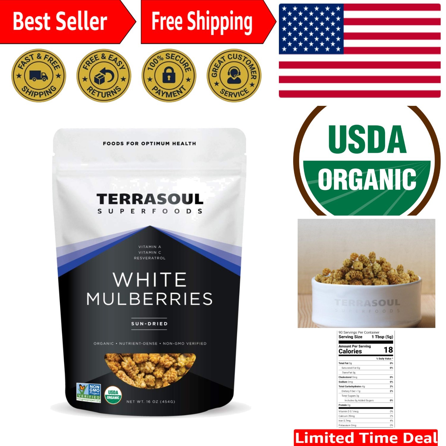 Sweet Organic Sun-Dried White Mulberries, 2 Lbs (Pack of 2) – Superfood Snack