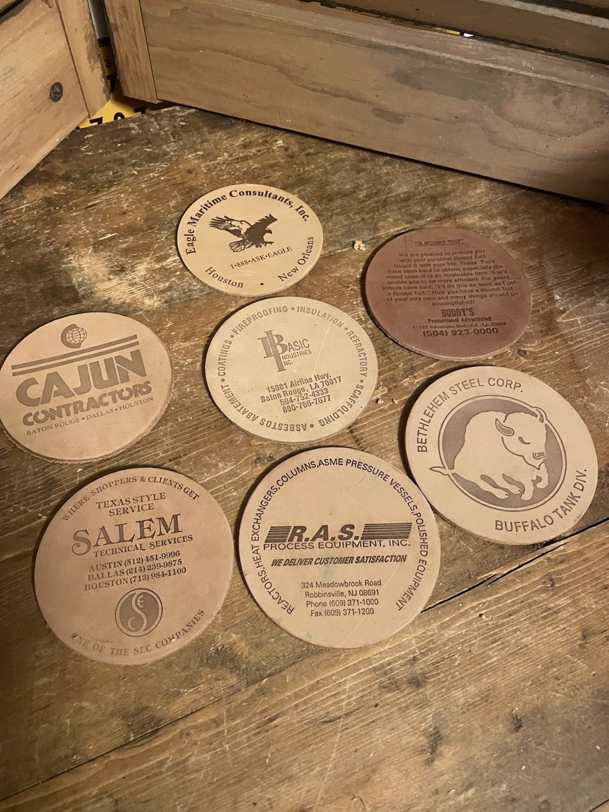 Rawhide Leather Drink Coasters Engraved with Company Advertisements
