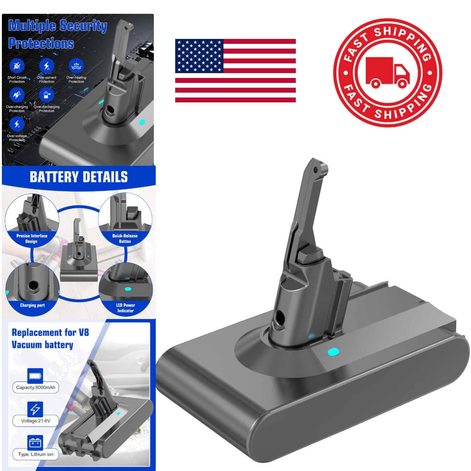 Eco Friendly 21.6Volt 8000mAh Lithium Ion Battery for V8 Cordless Vacuums