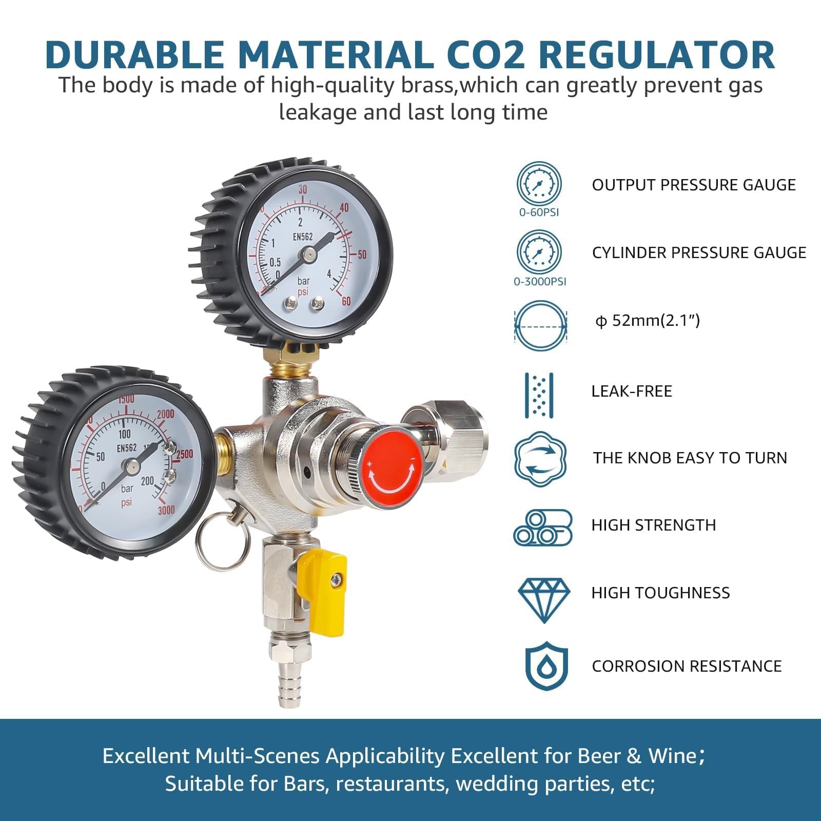 CO2 Regulator Draft Beer Regulator 60PSI Output Pressure Dual Stages Kegerato…