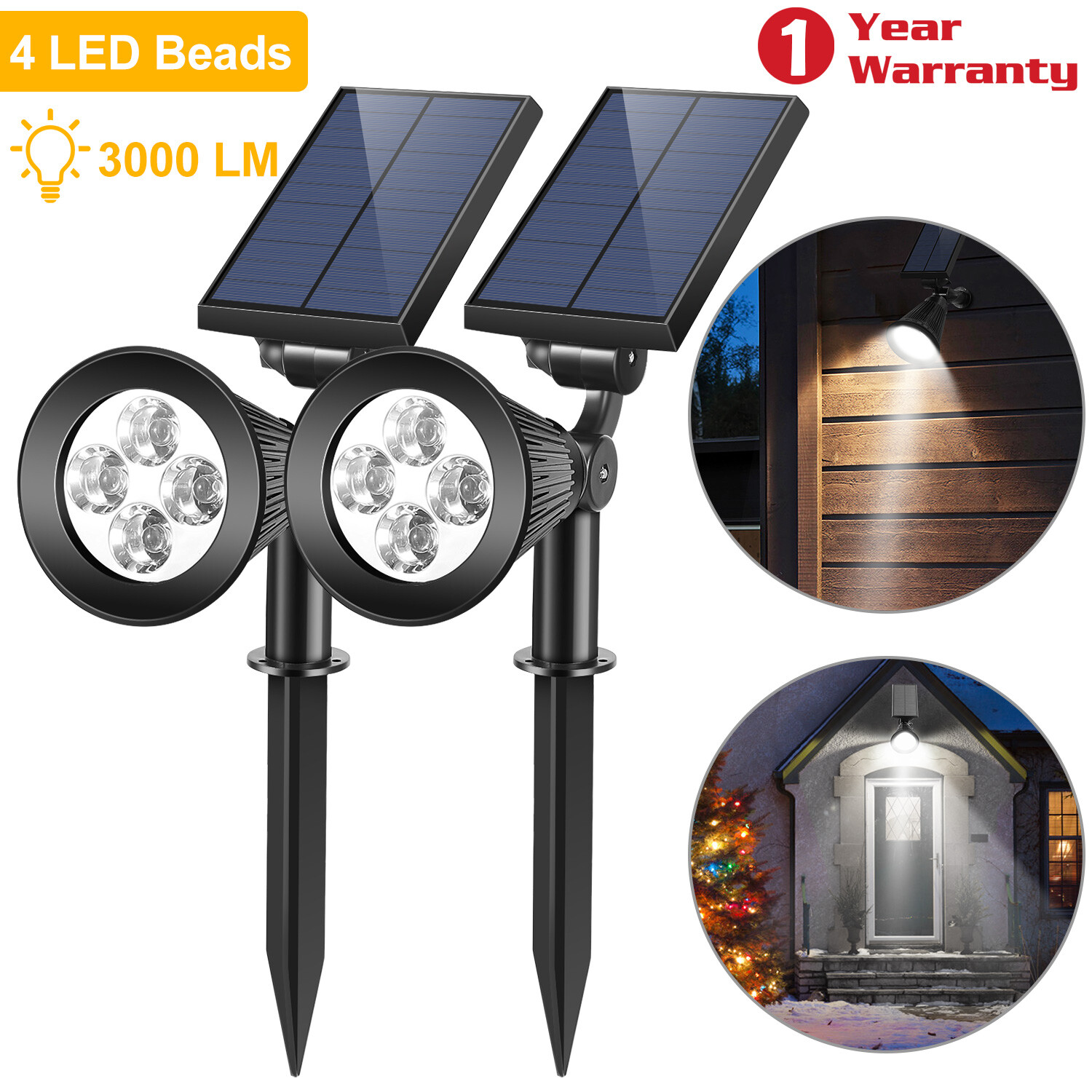 2-Pack Solar Spotlight 4 LED Outdoor Garden Dusk To Dawn Light Waterproof Lamp