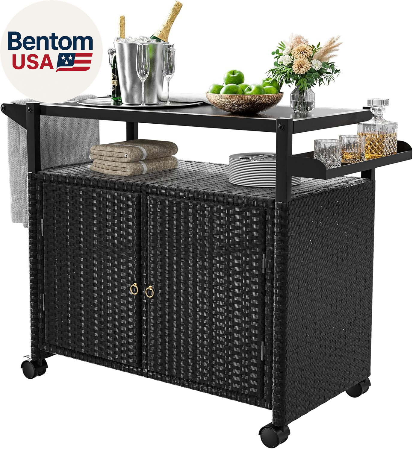 Outdoor Bar Table, Wicker Bar Cart with Cabinet, Patio Serving Cart with Tempere