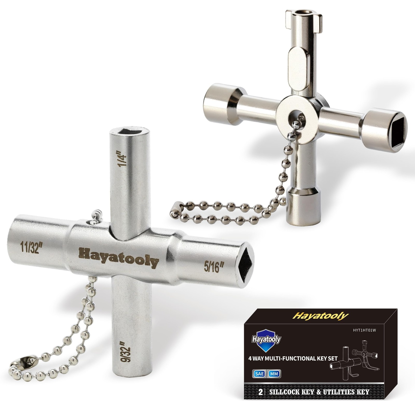 4-Way Sillcock Key, 2-Pack 40Cr Water Key, Multi-Functional & Utility Wrench
