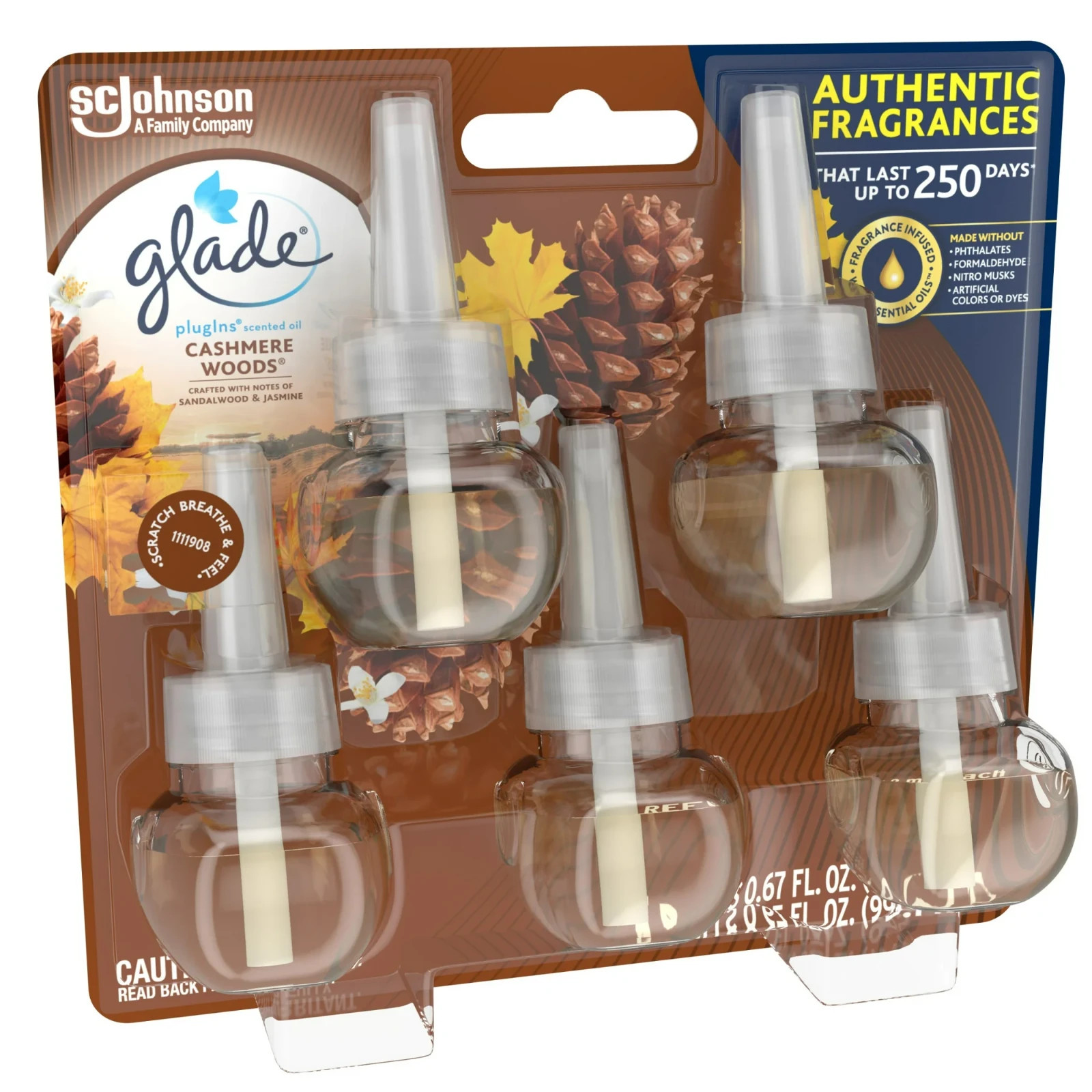 Glade PlugIns Refill 5 Count, Cashmere Woods, 3.35 FL. oz. Total, Stocking Stuff