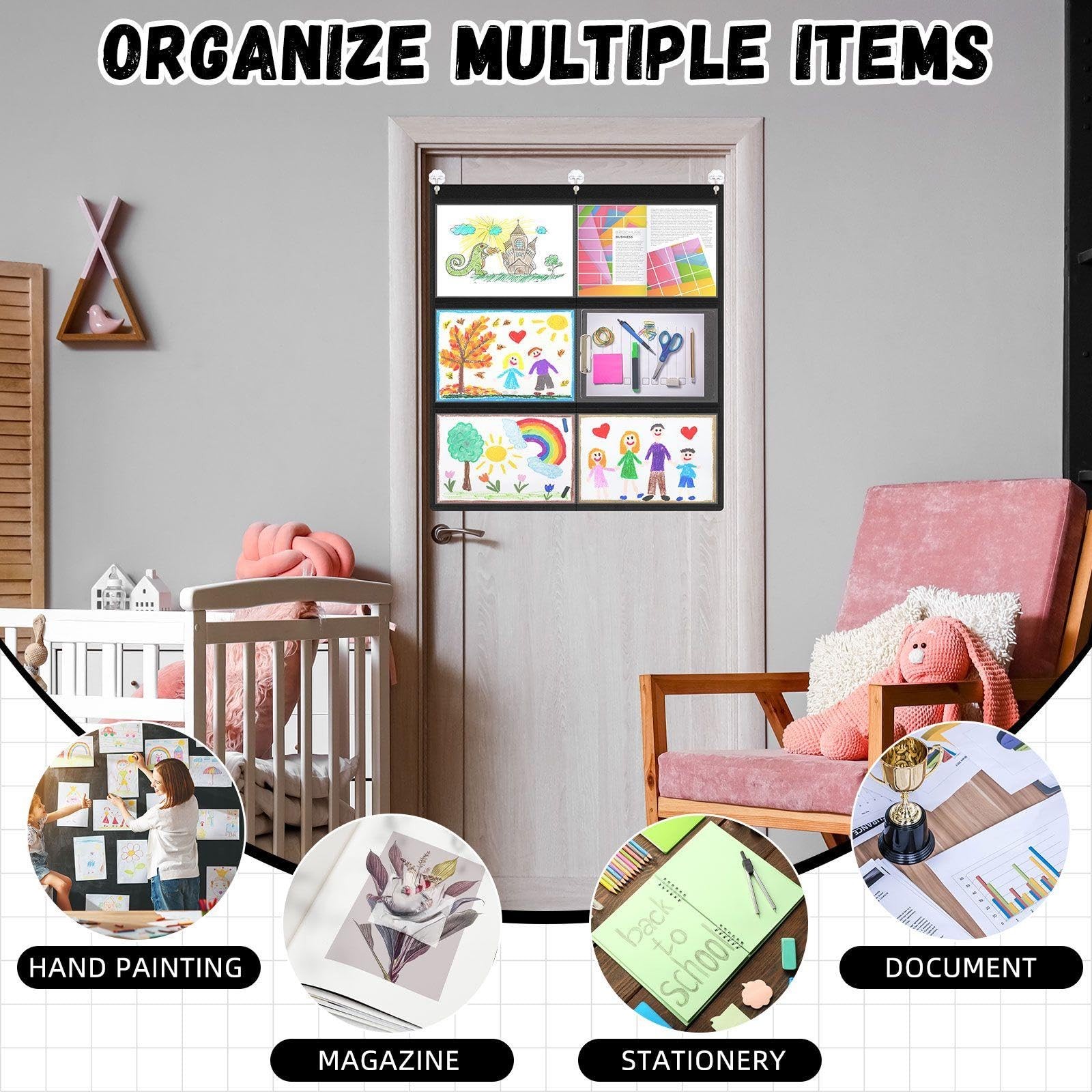 2 PCS 6 Pockets Black Classroom Chart Large Pockets 28.3×24.4 Inch A4 Cards
