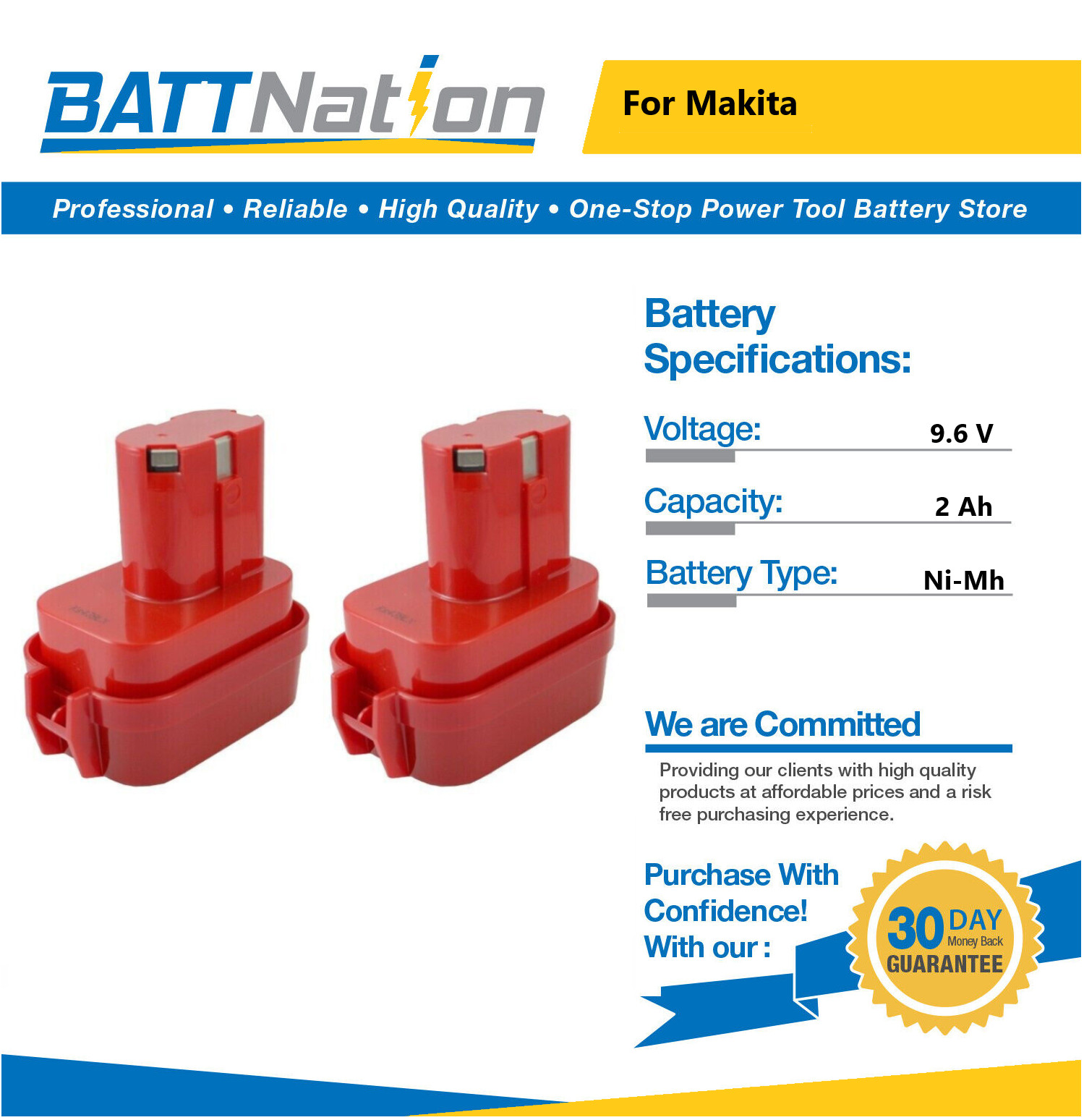 2x 9.6V 2Ah NiMh Battery for Makita 9100 9100A 9101 9101A 9102 9102A