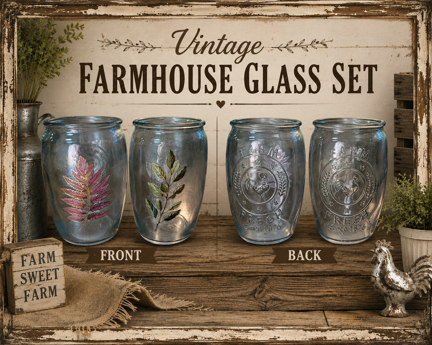 Set of 2 Farmhouse Foliage & Embossed Farm Fresh 1876 Rooster Glasses, 18 oz