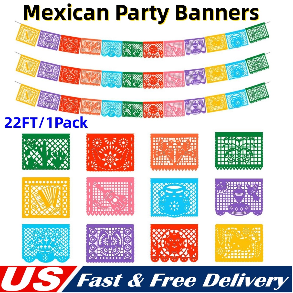 3/6Pack Mexican Banner Plastic Papel Picado Banner Large Fiesta Party Decor 22FT