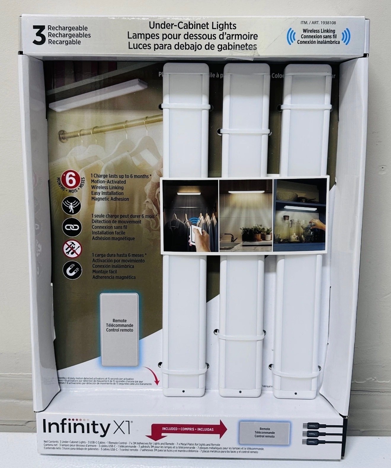 Infinity X1 Under Cabinet Light, 3 Pack 200 Lm Cabinet Lights with Touch Remote