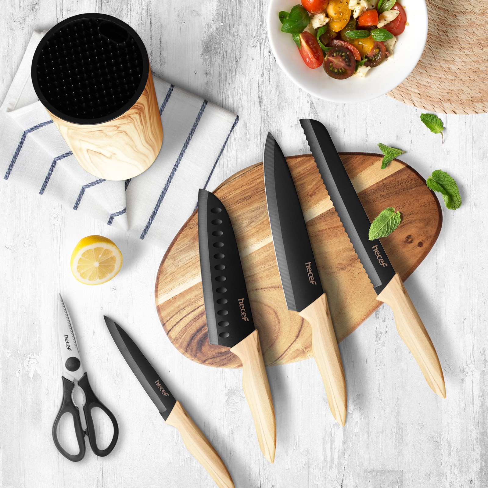 6PCS Kitchen Knife Set Ultra Sharp Stainless Steel Chef Knife w/Olive Wood Block
