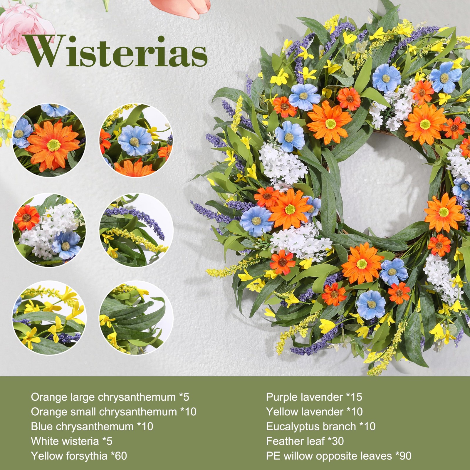 Spring Wreath for Front Door 24 Inch, Summer Floral Wreaths with Artificial D…