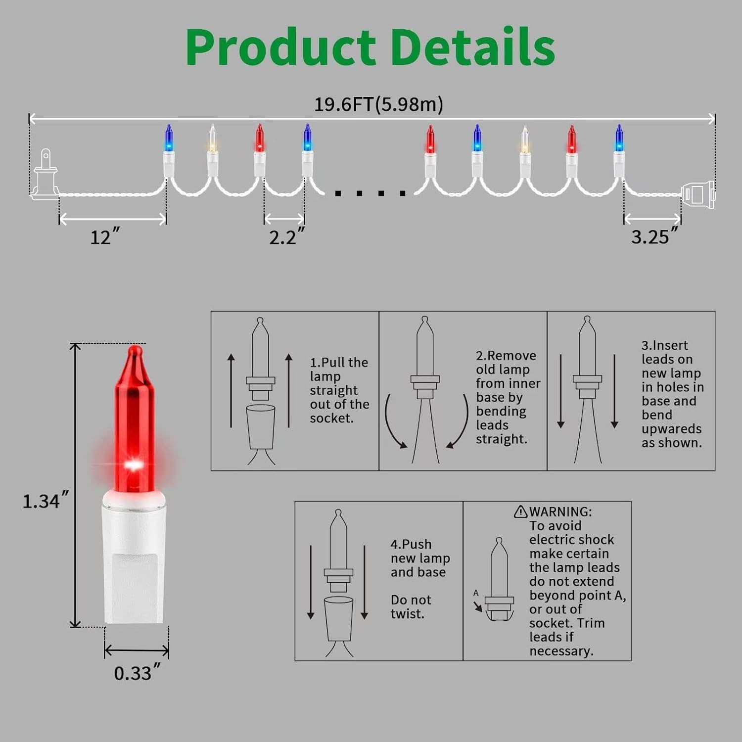 100 Count Red White and Blue Mini String Lights with White Wire,Connectable 19.6