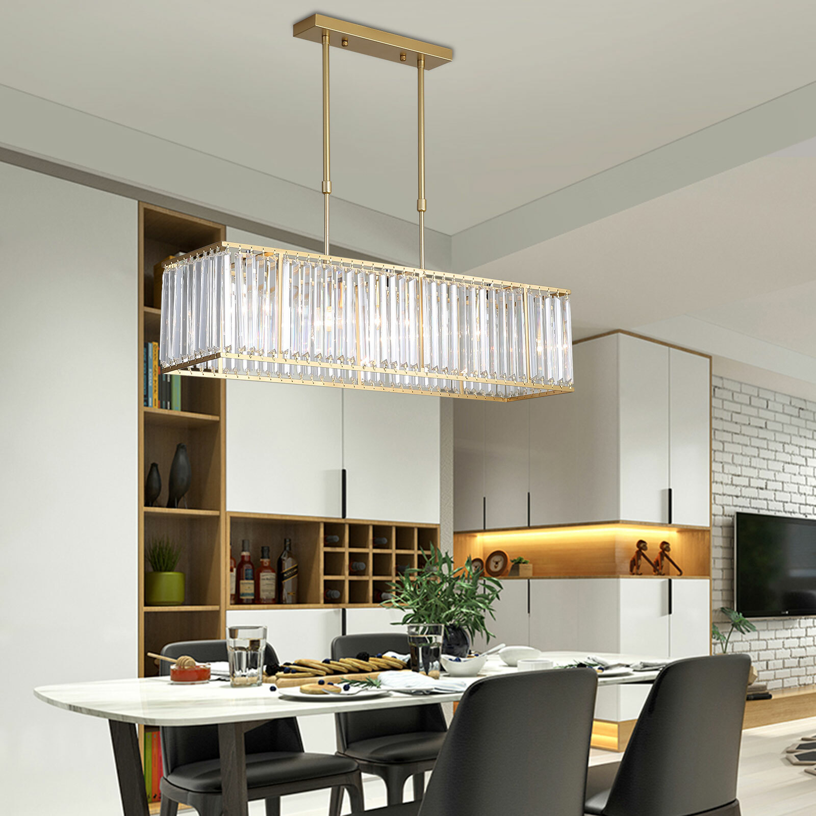 Modern Crystal 4-Light Rectangular Pendant Chandelier 33.5in Gold Adjustable
