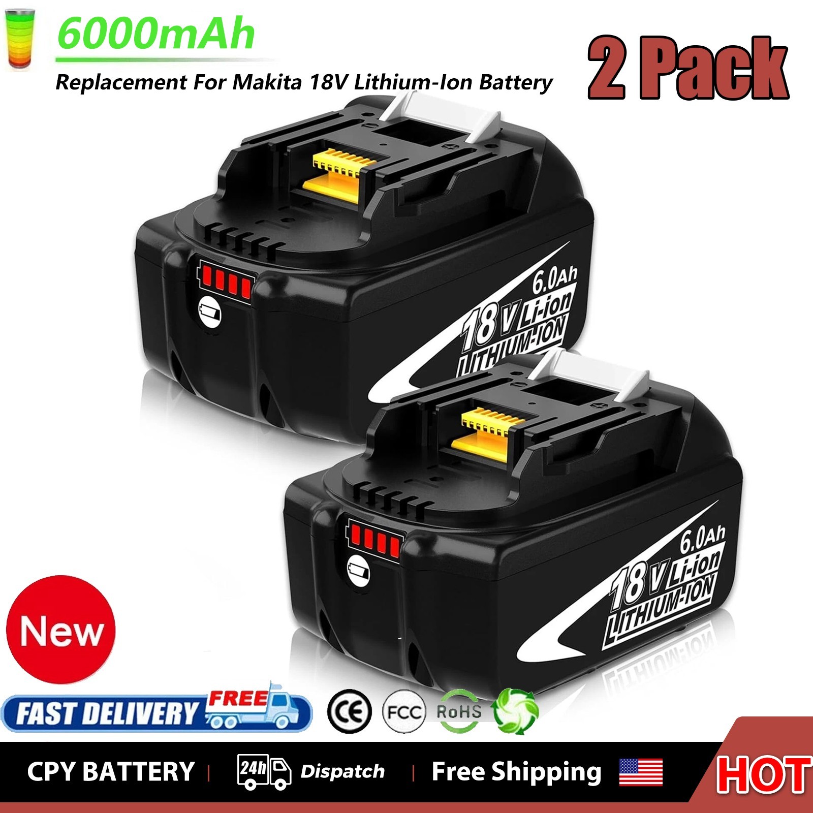 2-PACK For Makita 18V Lithium-Ion 6.0Ah Battery BL1860B BL1850B BL1840B BL1815B