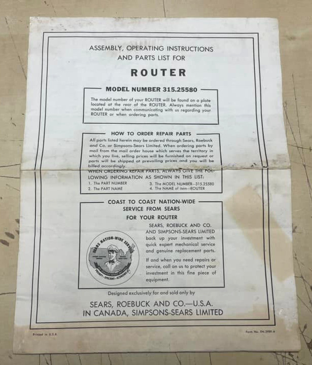 Vtg Sears Roebuck Router 315.25580 Assembly Operating Instructions / Parts List