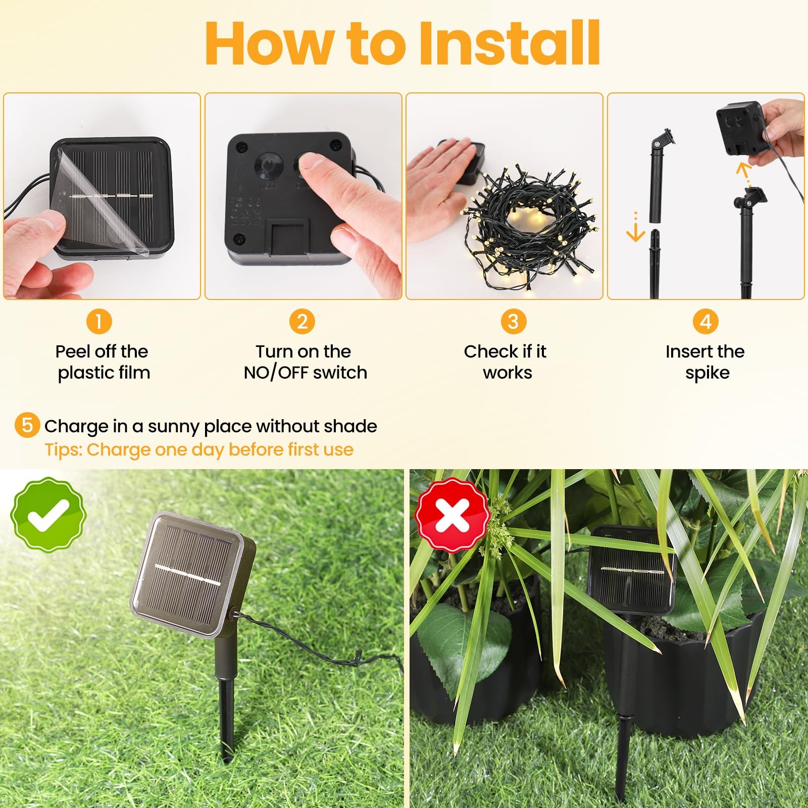 Moettany 23FT 50LED Solar Warm White Outdoor String Lights, 8 Modes, Waterproof