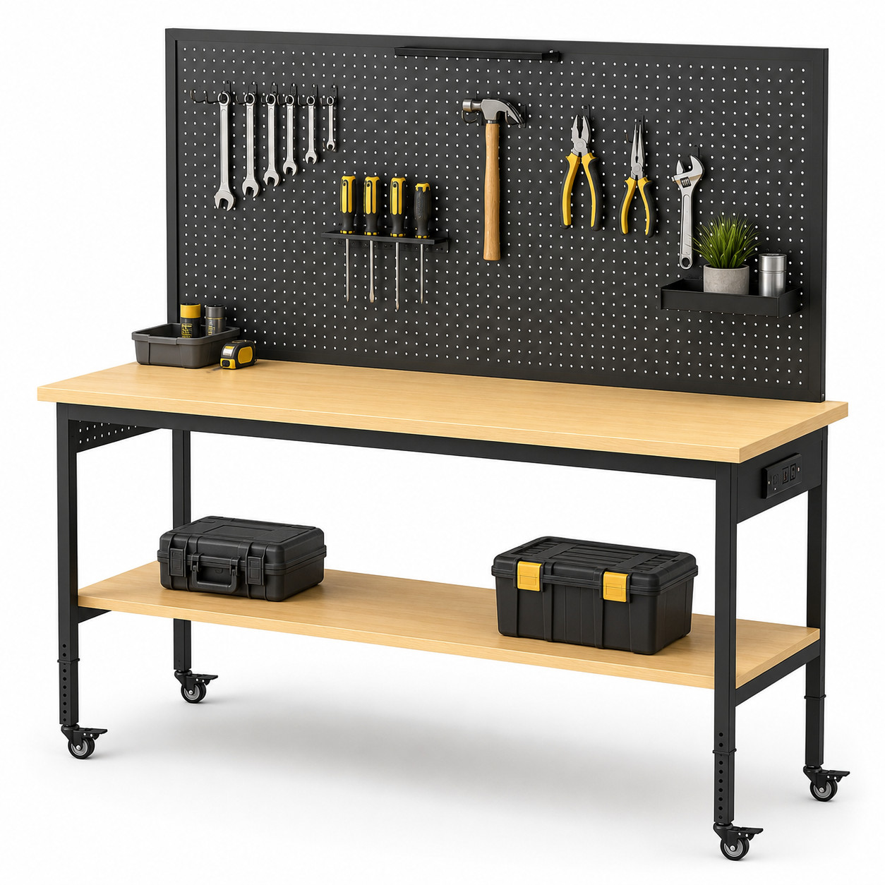60″ Garage Workbench 2000LBS w/ Pegboard LED Light Adjustable Rolling Table