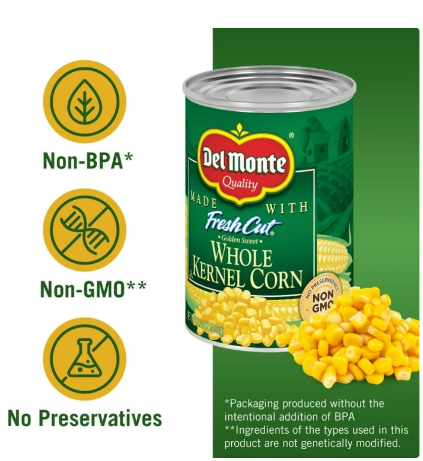 Del Monte Golden Sweet Whole Kernel Corn, Canned Vegetables 15.25 oz Can (Pk 4)