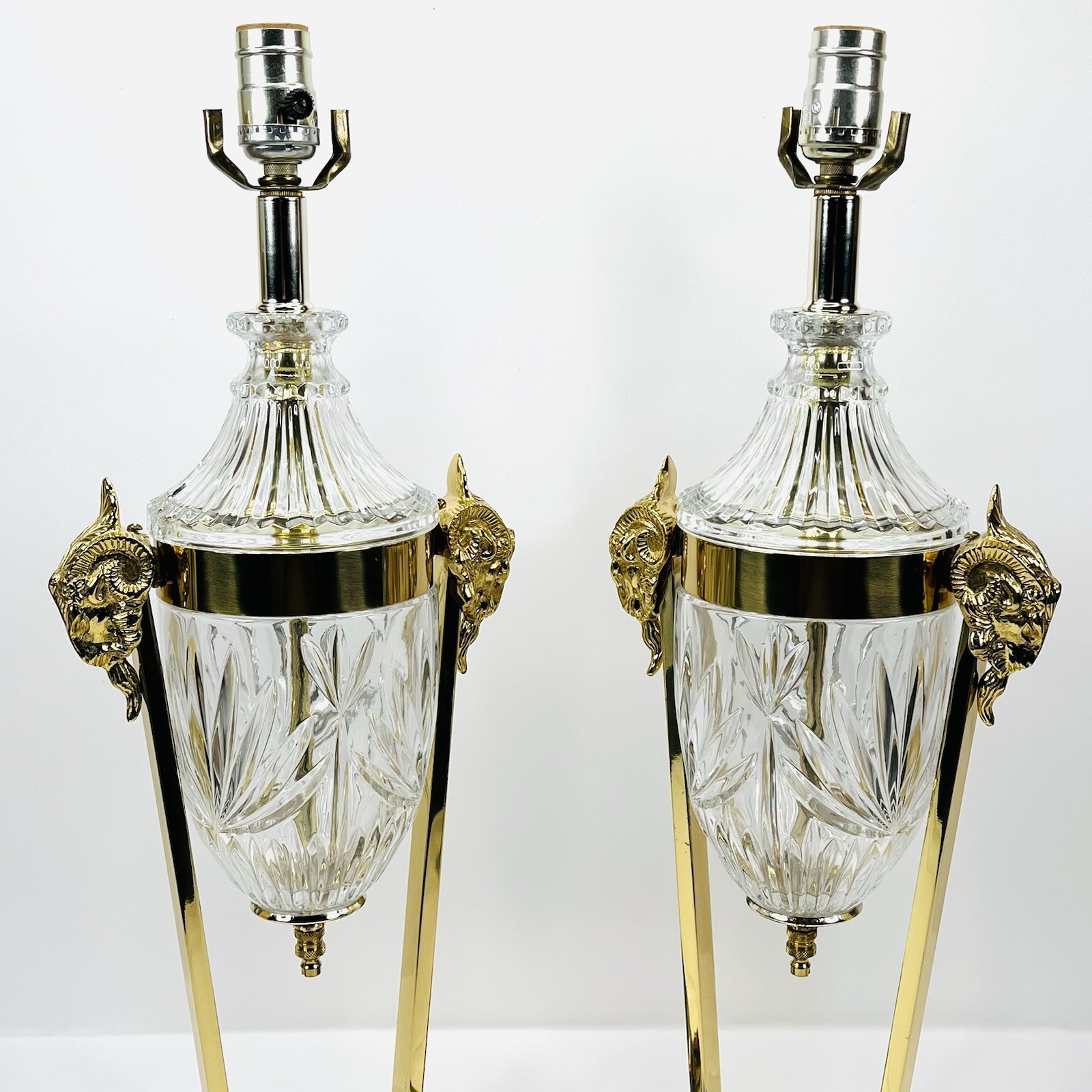 Vintage Regency Rams Head Brass & Crystal Lamps Both Work BEAUTIFUL QUALITY