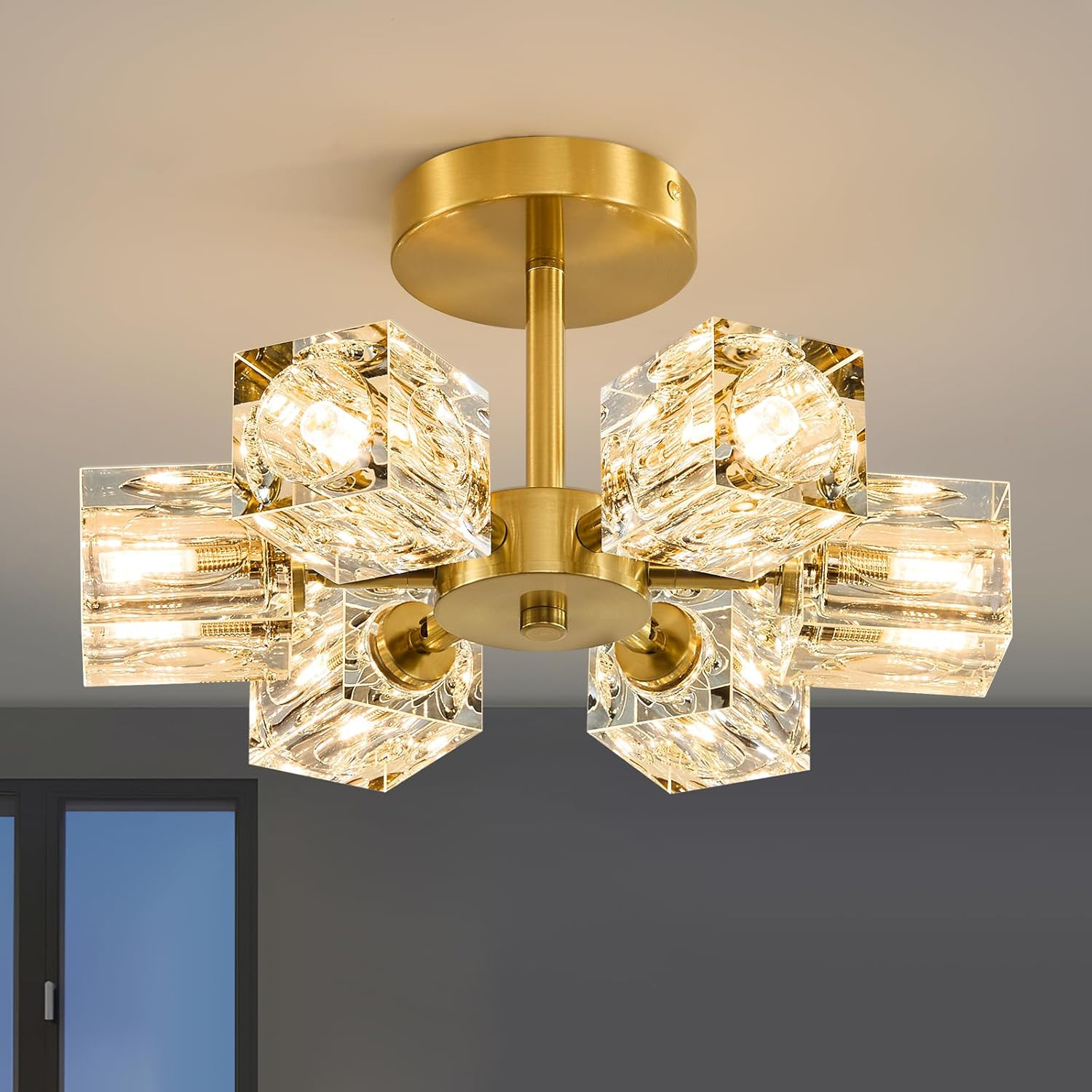 Sputnik Ceiling Light 6-Light Gold K9 Crystal Semi Flush Mount Fixture