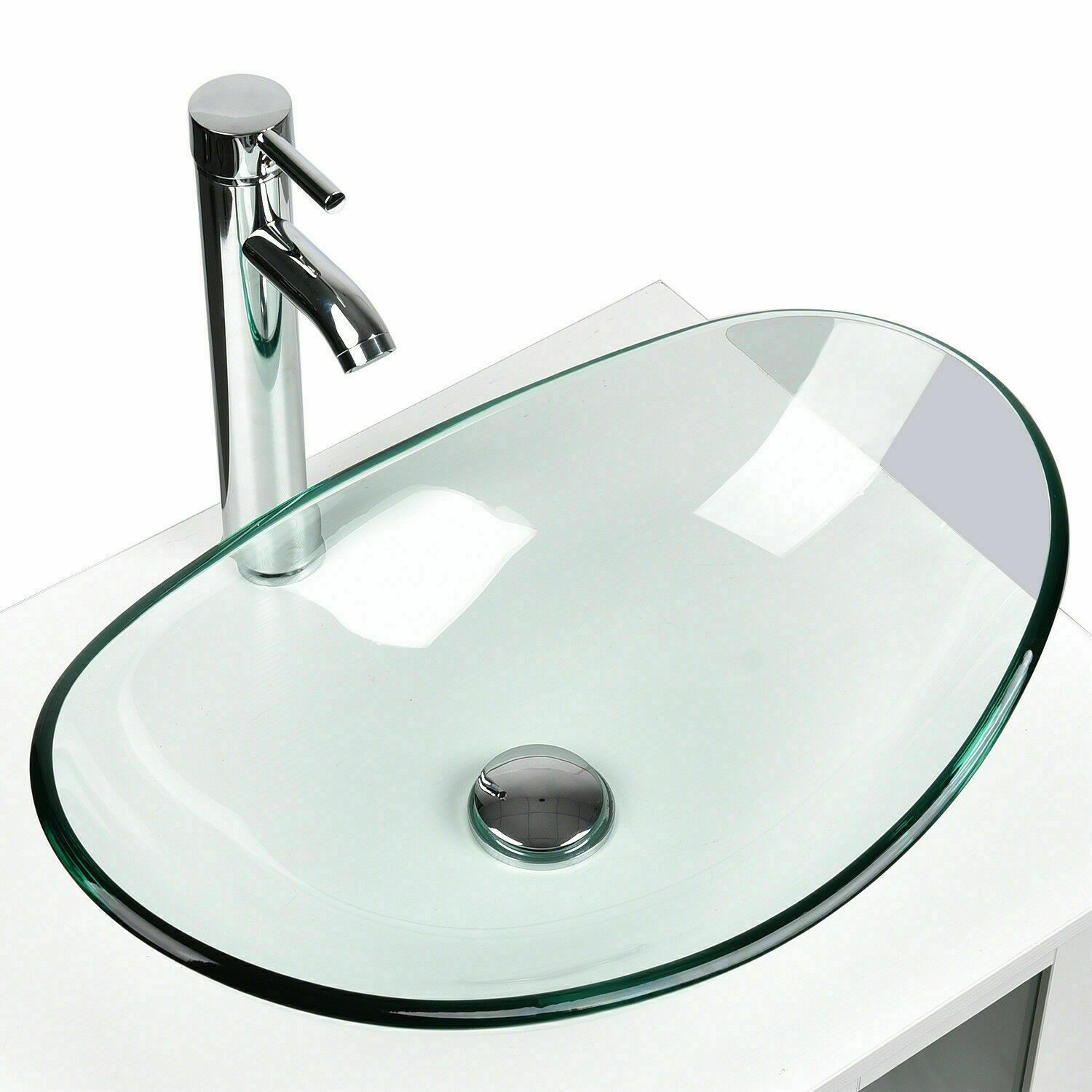 Bathroom Counter Basin Vessel Clear Glass Sink Boat Oval Chrome Faucet Drain Set