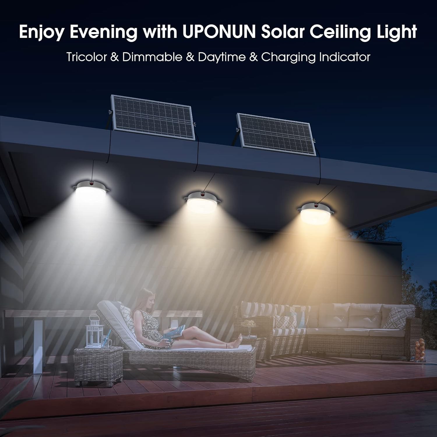Dimmable Solar Ceiling Lights 2 Pack with Remote for Indoor/Outdoor Use