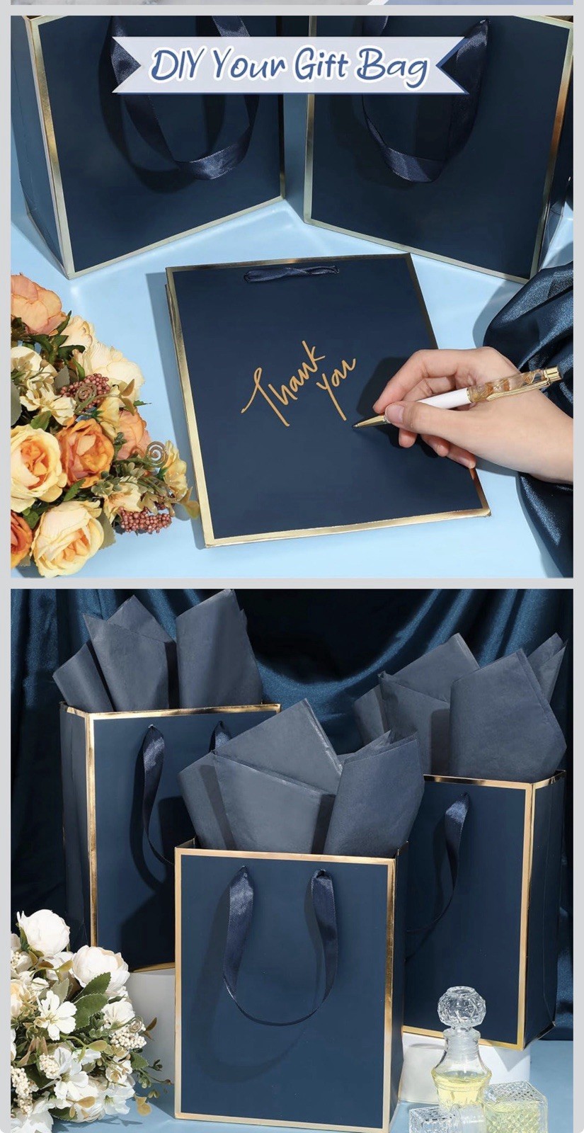 Navy Blue Gold Trim Wedding Gift Tote Bags Medium Thank You Paper Multipurpose